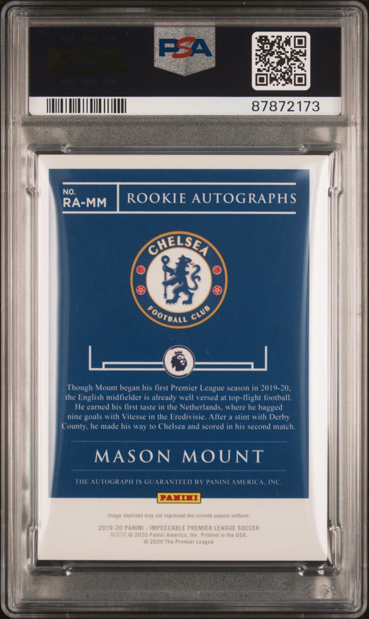 2019 Panini Impeccable Rookie Mason Mount #RA-MM RC Auto /99 PSA 8