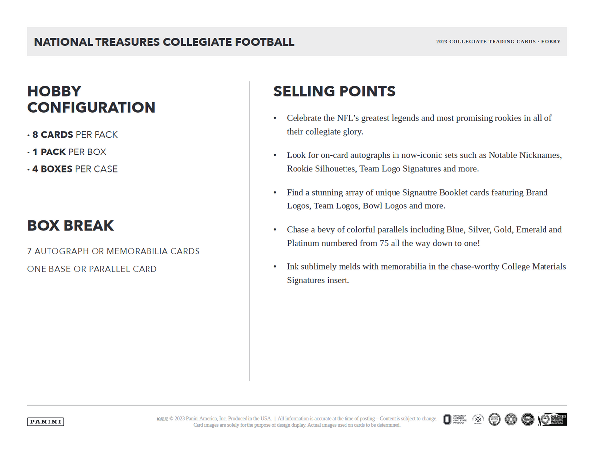 2023 Panini National Treasures Collegiate Football Hobby 4 Box Case