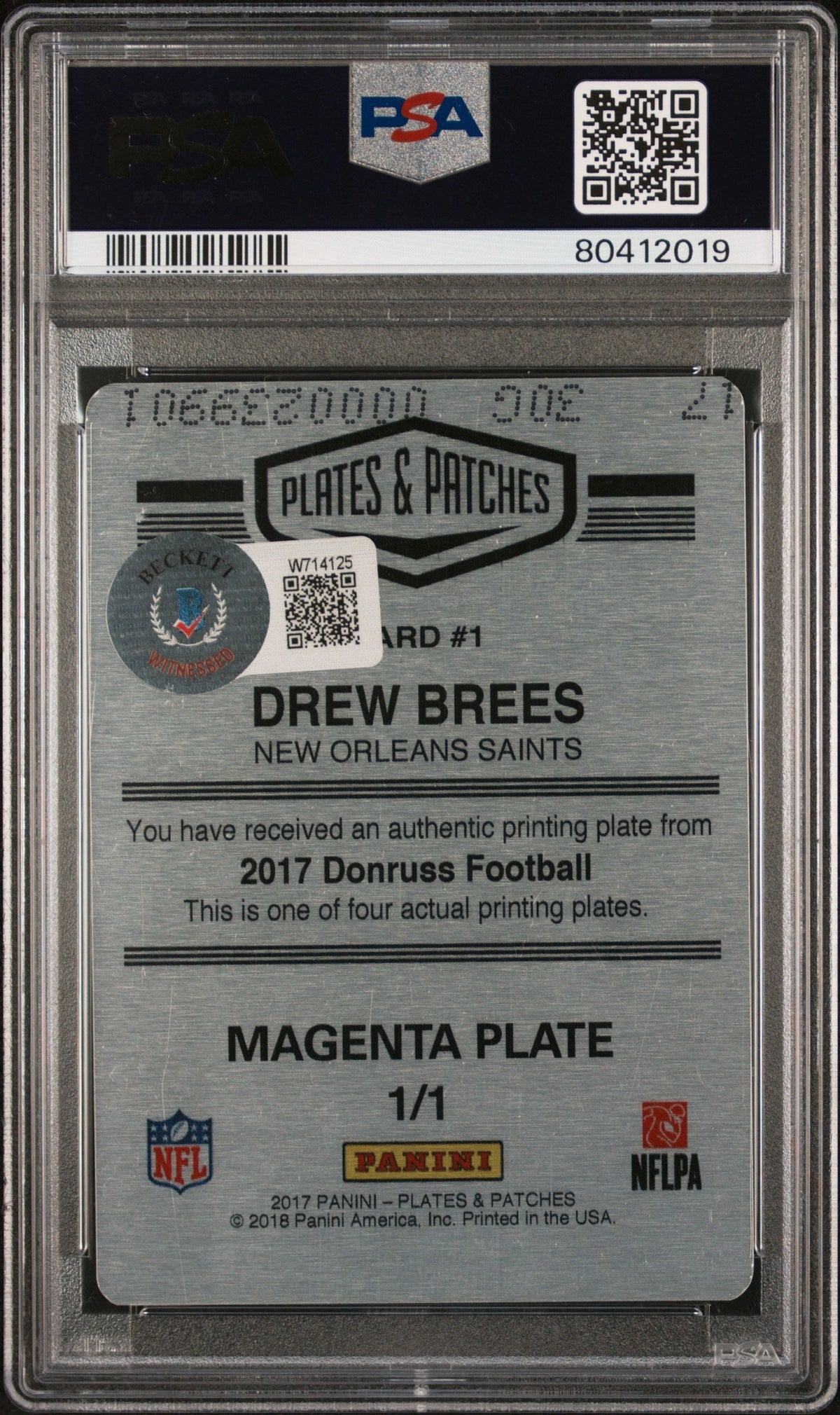 2017 Panini Plates & Patches Printing Plate Drew Brees Mag. PP 1/1 PSA A Auto 8