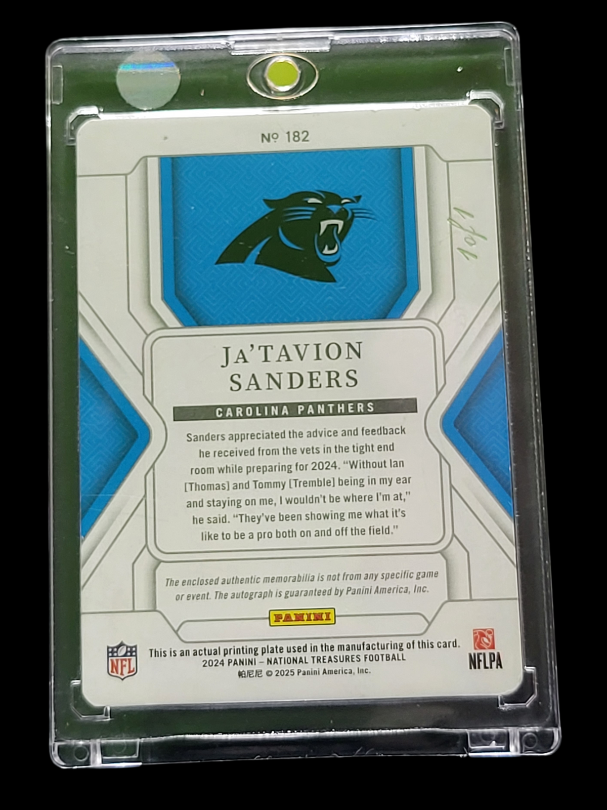 2025 Panini National  Ja'Tavion Sanders #182 Yellow Printing Plate Patch