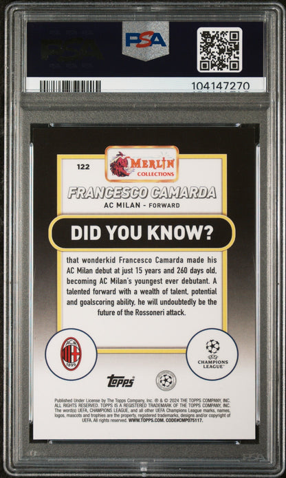 2023 Topps Merlin UEFA Club Competitions #122 Francesco Camarda Purple Refractor PSA 9