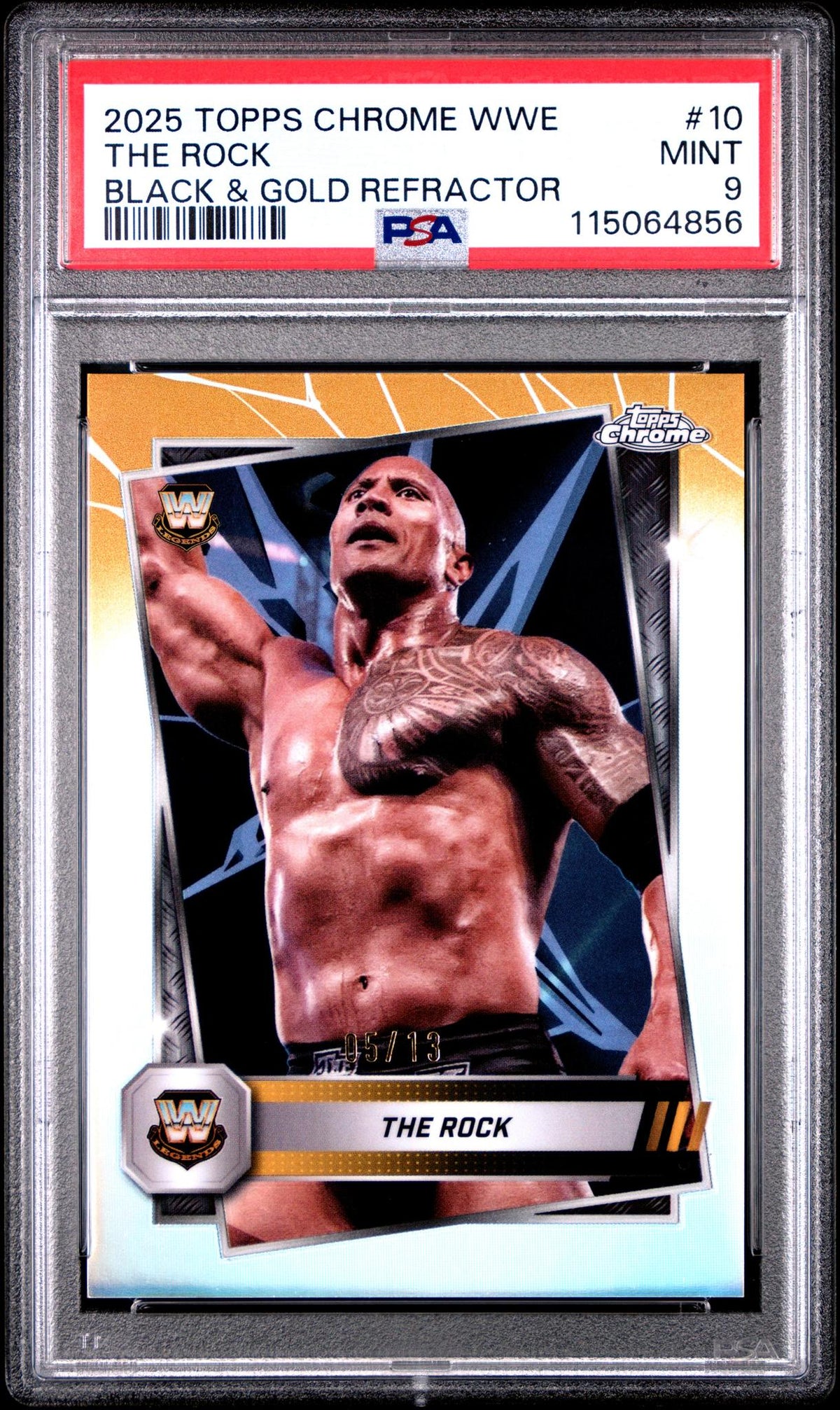 2025 Topps Chrome WWE Black & Gold Refractor the Rock #10 /113 PSA 9