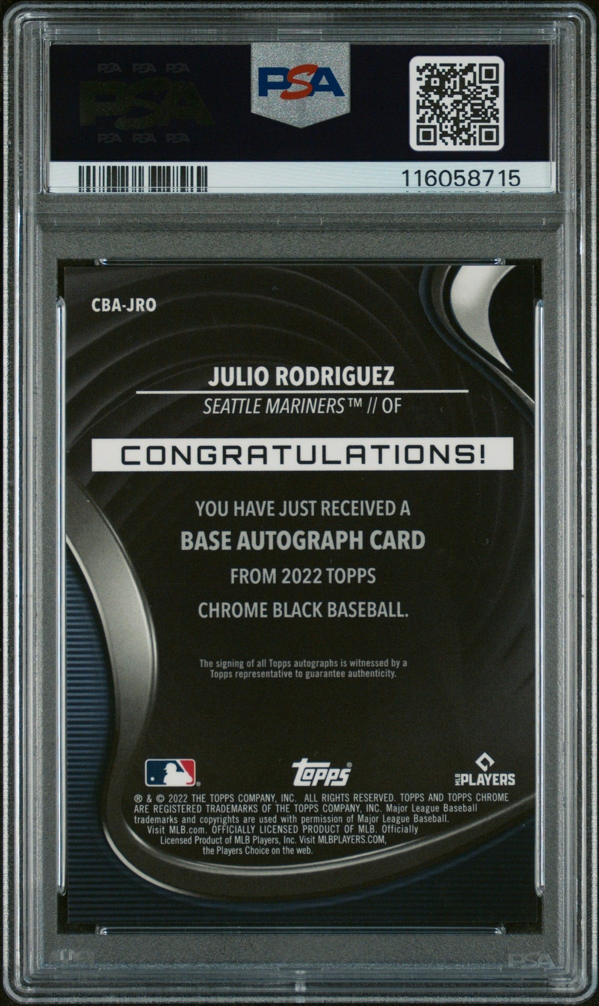 2022 Topps Chrome Black Autograph Gold Mini Diamond Refractor Julio Rodriguez #CBAJRO /50 PSA 10