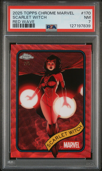 2025 Topps Chrome Marvel Red Wave Scarlet Witch #170 /5 PSA 7