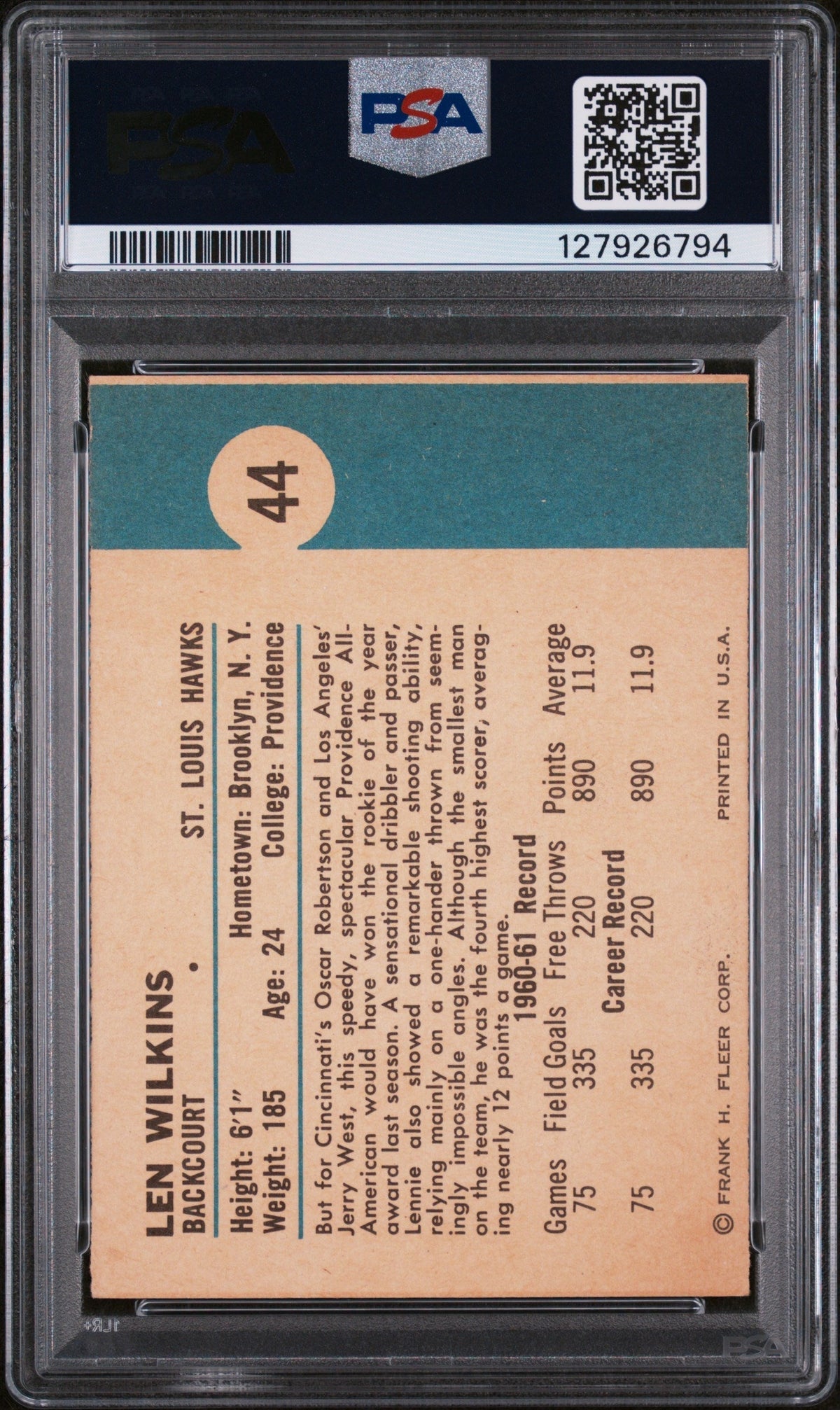 1961 Fleer Lenny Wilkins #44 PSA 6