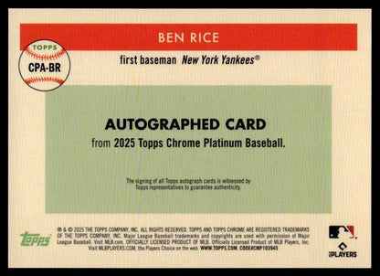 2025 Topps Chrome Platinum Ben Rice True Orange Rookie RC Auto /25