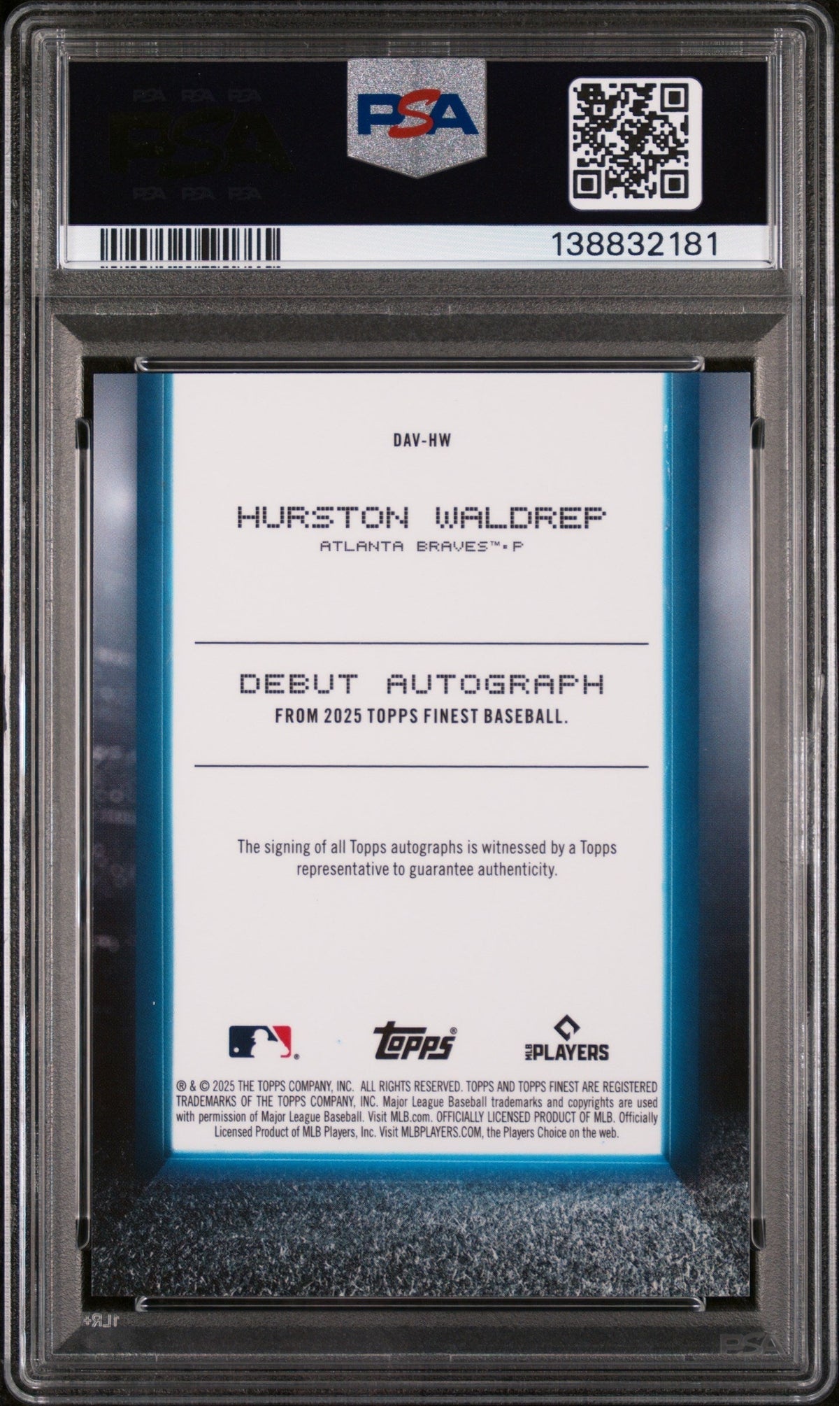 2025 Topps Finest Debut Autographs Green Refractor Hurston Waldrep #DAVHW /75 PSA 9