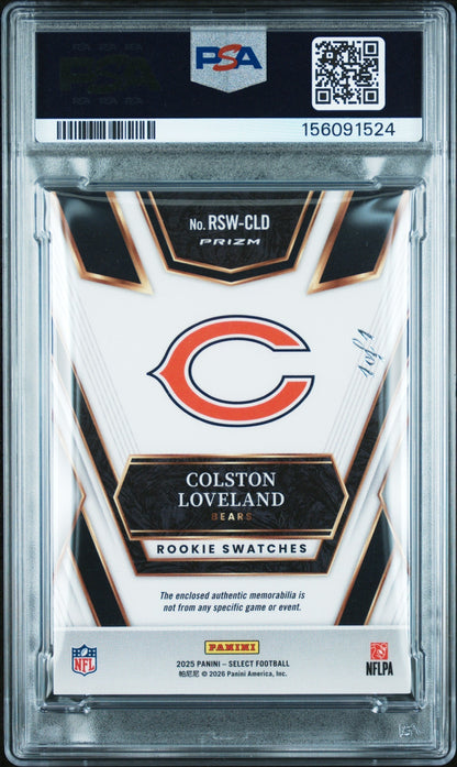 2025 Panini Select Rookie Swatches Rk Swatches-Black Prizm 1/1 Colston Loveland #RSW-CLD PSA 9