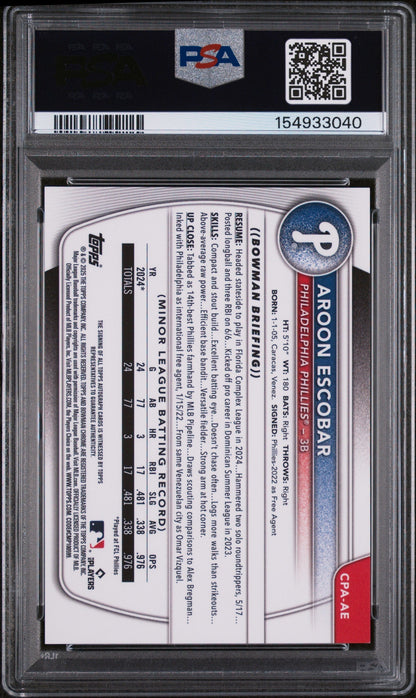 2025 Chrome Prospect Autographs Black X-Fractors Aroon Escobar #CPAAE /10 PSA 8
