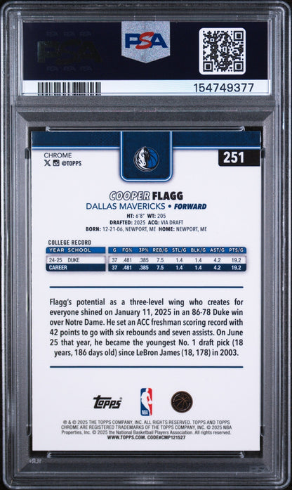 2025 Topps Chrome Basketball Refractor Cooper Flagg #251 PSA 9