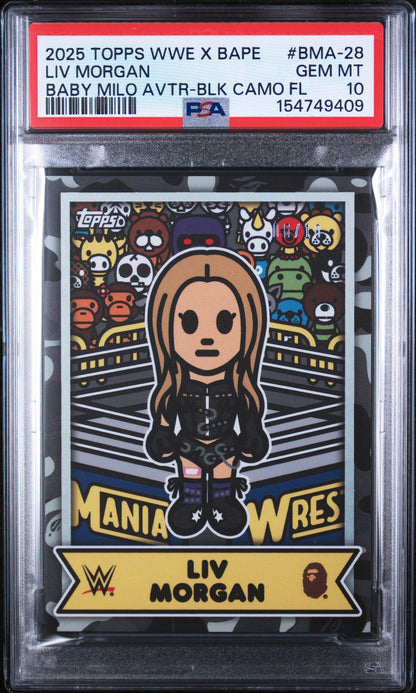 2025 Topps WWE X Bape Baby Milo Avatar Baby Milo Avtr-Blk Camo Fl Liv Morgan #BMA-28 10/10 PSA 10