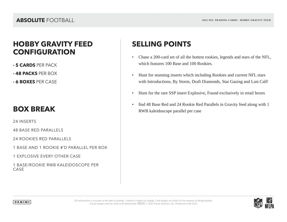 2023 Panini Absolute Football Gravity Feed 6 Box Case