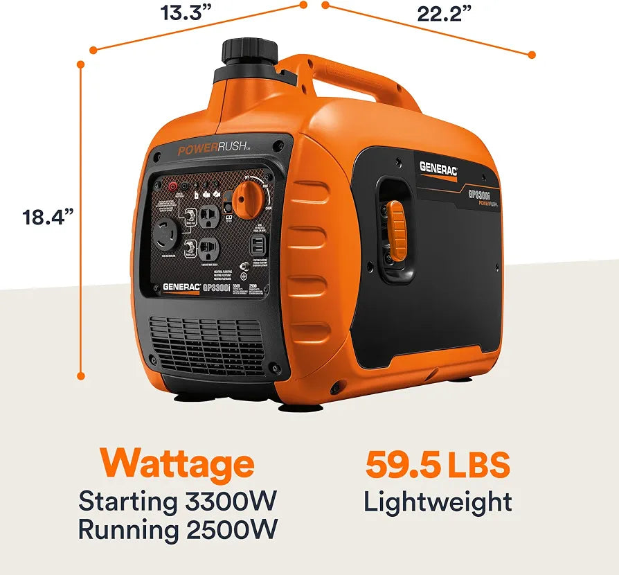 Generac 3,300 Watt Gas Powered Portable Inverter Generator, USB Charging