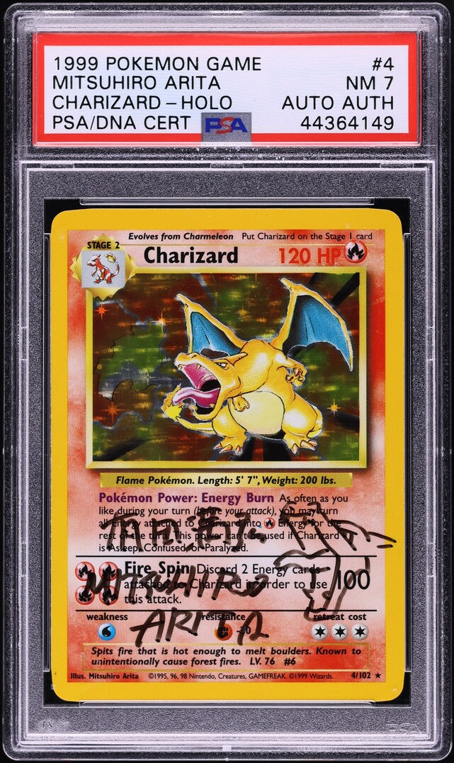 1999 POKEMON BASE SET HOLO CHARIZARD #4 ARITA AUTO AUTH PSA 7