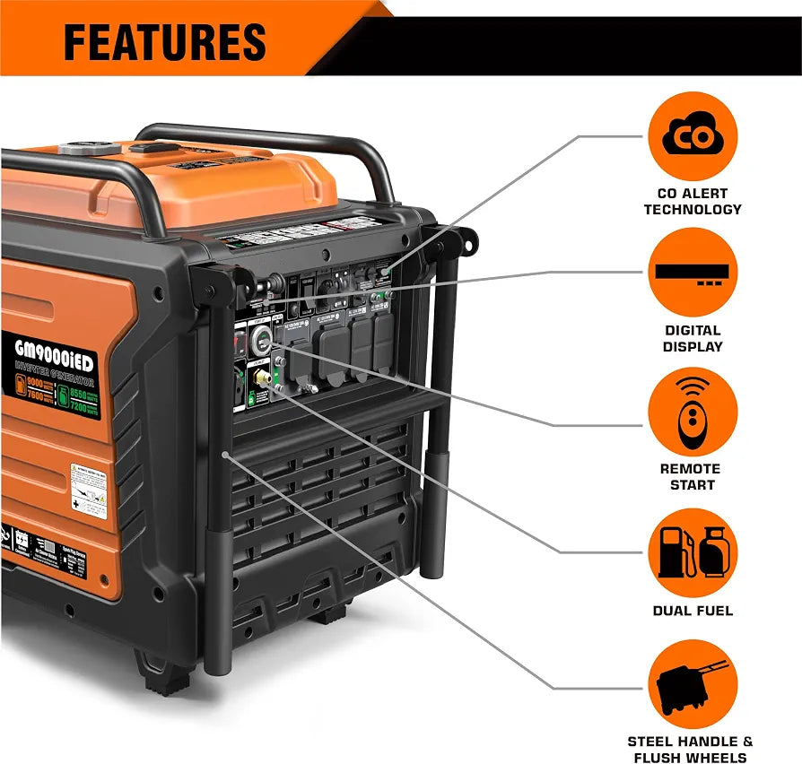 GENMAX Portable Generator, 9000W Super QuietDual Fuel Portable Engine with Parallel Capability, Remote/Electric Start, Ideal for Home backup power.EPA Compliant