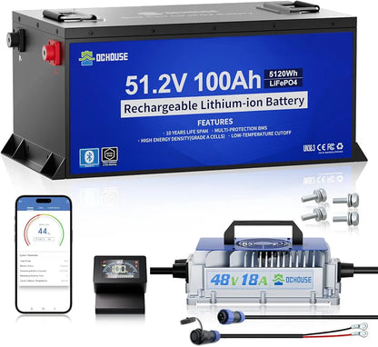 DC HOUSE Metal Case 48V 100Ah Lithium Golf Cart Battery Kit w/ 18A Charger
