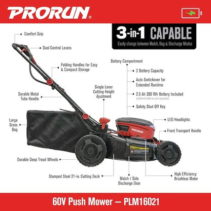PRORUN 60V 21-In. Steel Deck Cordless Push Lawn Mower with 2.5 Ah Battery and Charger