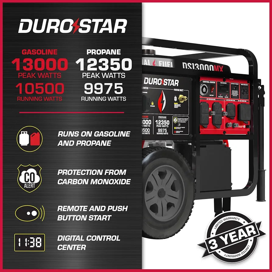 DuroStar DS13000MX 13,000-Watt 500cc Dual Fuel Portable Generator - Gas and Propane, Remote Electric Start, Whole Home Power Backup, Transfer Switch Ready, RV & Emergency Ready