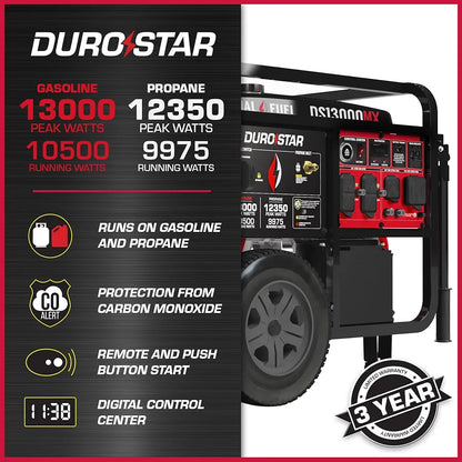 DuroStar DS13000MX 13,000-Watt 500cc Dual Fuel Portable Generator - Gas and Propane, Remote Electric Start, Whole Home Power Backup, Transfer Switch Ready, RV & Emergency Ready