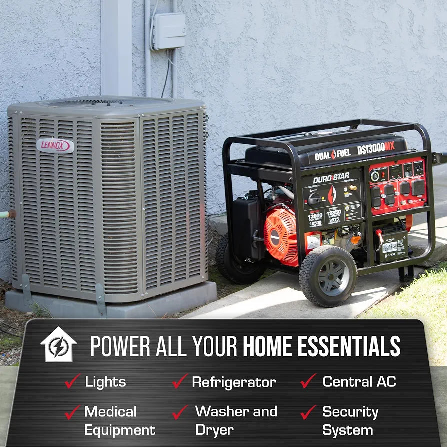 DuroStar DS13000MX 13,000-Watt 500cc Dual Fuel Portable Generator - Gas and Propane, Remote Electric Start, Whole Home Power Backup, Transfer Switch Ready, RV & Emergency Ready