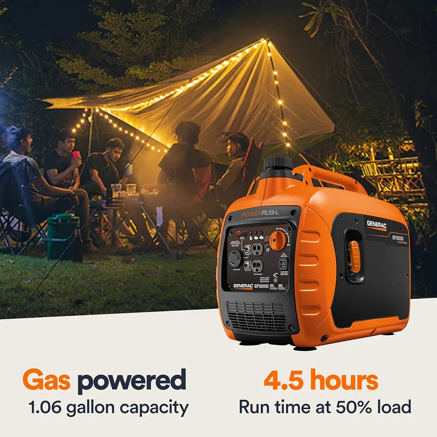 Generac 3,300 Watt Gas Powered Portable Inverter Generator, USB Charging