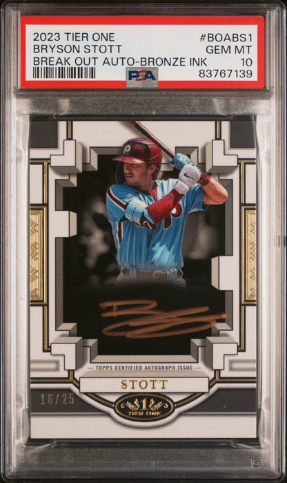 2023 Topps Tier One Break Out Autographs Bronze Ink Bryson Stott #BOABS1 /25 PSA 10
