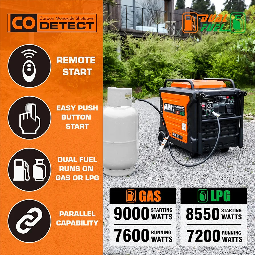GENMAX Portable Generator, 9000W Super QuietDual Fuel Portable Engine with Parallel Capability, Remote/Electric Start, Ideal for Home backup power.EPA Compliant