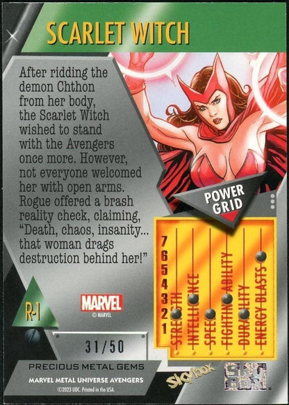 2023 Skybox Metal Universe Marvel  R-1 Scarlet Witch Precious Metal Gems Blue /50