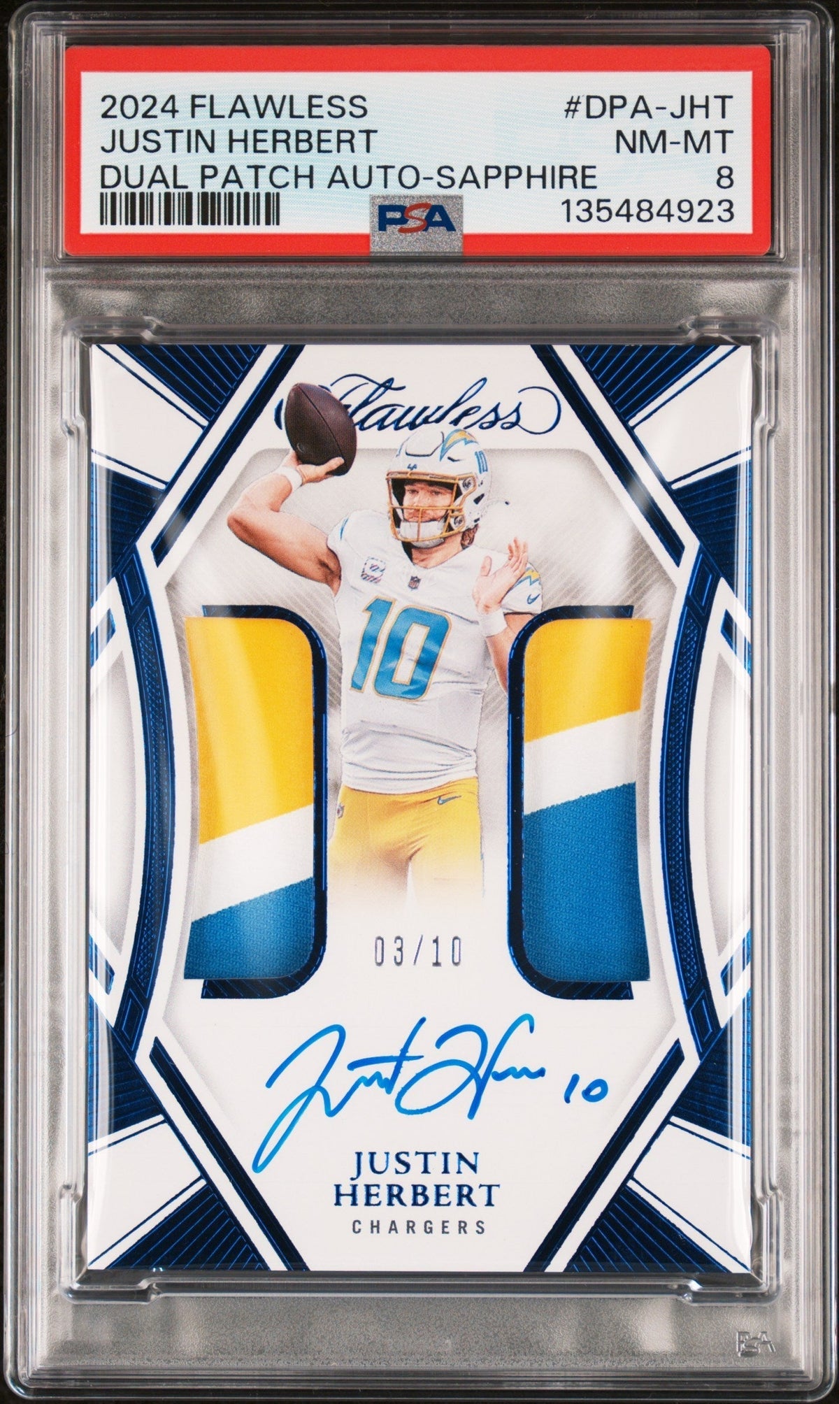 2024 Panini Flawless Dual Patch Autograph Sapphire Justin Herbert #DPA-JHT /10 PSA 8