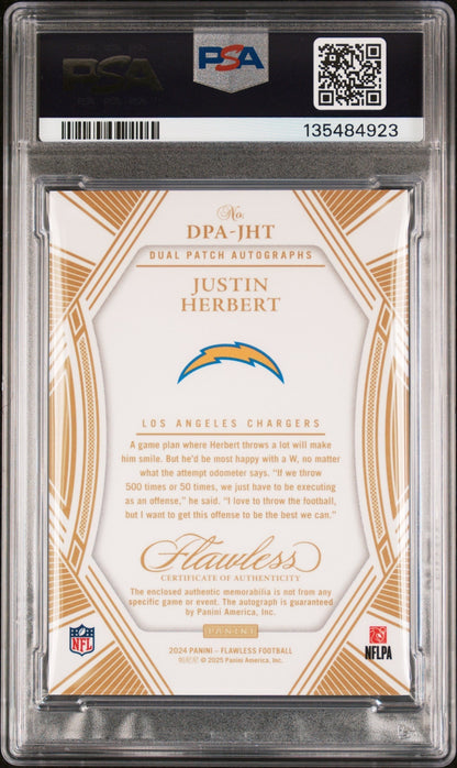2024 Panini Flawless Dual Patch Autograph Sapphire Justin Herbert #DPA-JHT /10 PSA 8