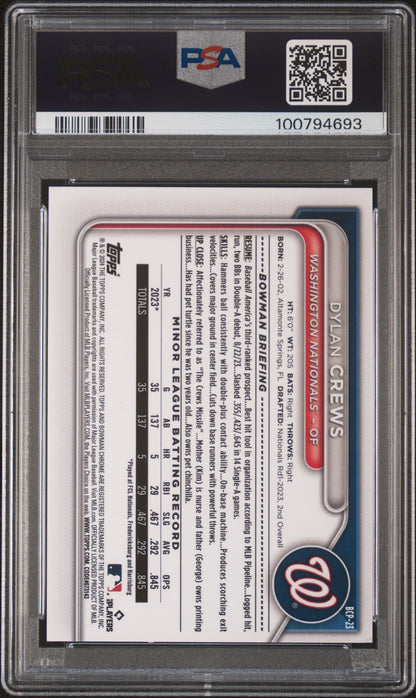 2024 Bowman Sapphire Edition Chrome Prospects Dylan Crews #BCP23 Red 2/5 PSA 8