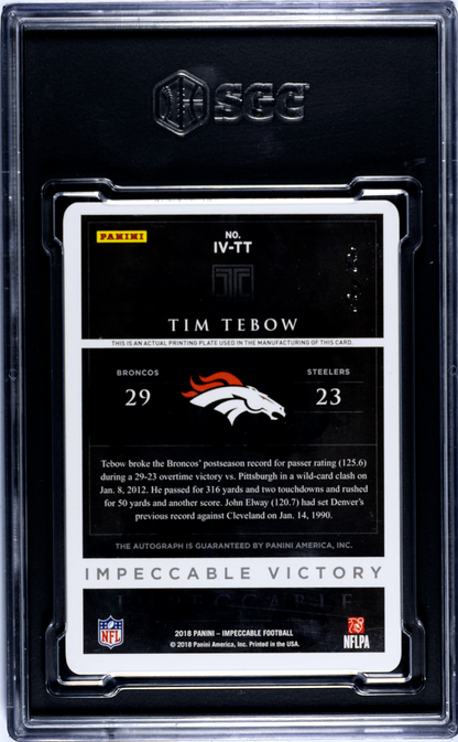 2018 Panini Impeccable Tim Tebow #IV-TT Victory Magenta Plate SGC A Auto 10