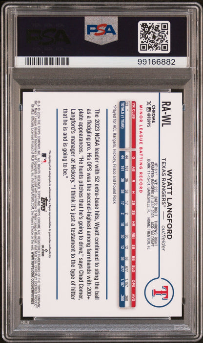 2024 Topps Chrome Rookie Auto Wyatt Langford #RAWL Purple Ref 148/250 PSA 9