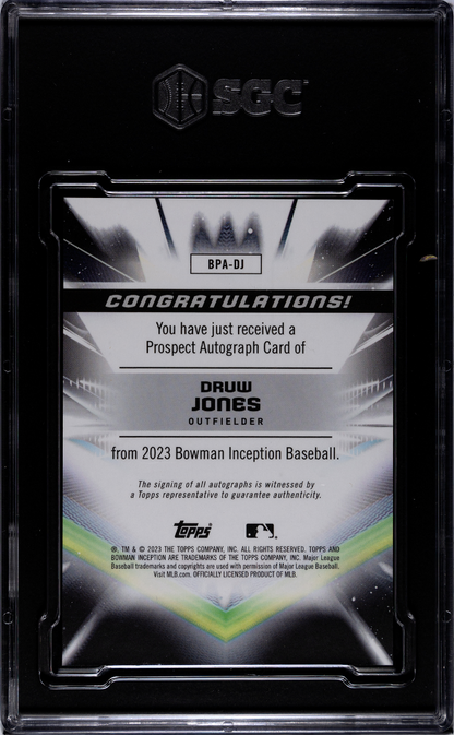 2023 Bowman Inception Druw Jones #BPA-DJ Prospect Orange Foil SGC 10 Auto 10