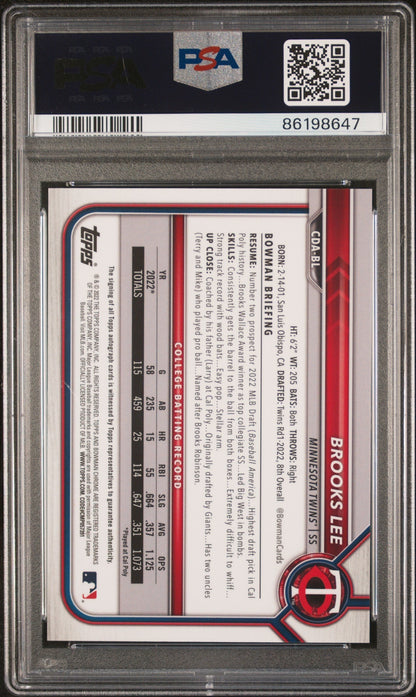 2022 Bowman Draft Chrome  Pick Auto Brooks Lee #CDABL DP Orange Refractor PSA 10