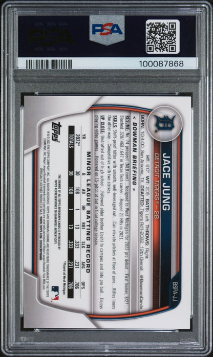 2023 Bowman Sapphire Edition Prospects Auto Jace Jung #BSPAJJ Green /50 PSA 10