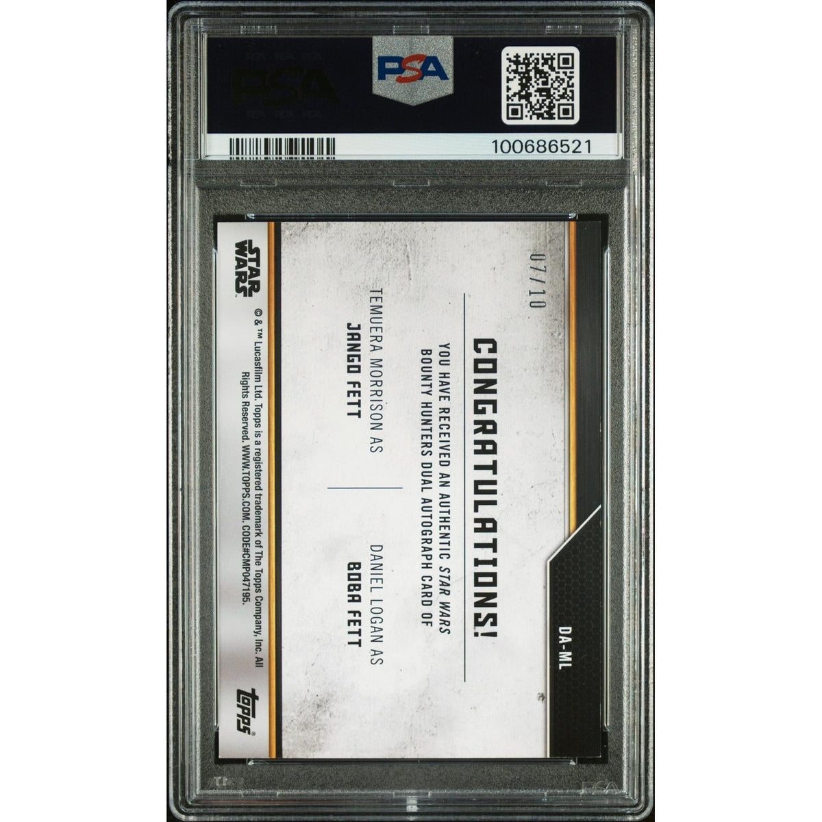 2021 Topps StarWars Bounty Hunters Dual Autographs D. Logan T. Morrison PSA
