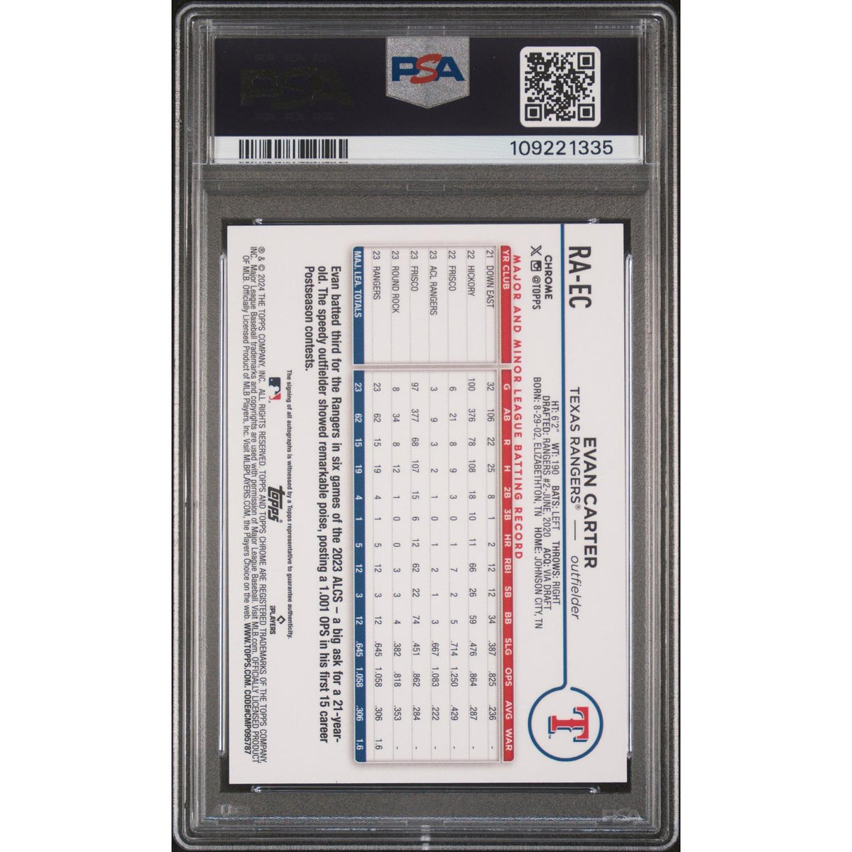 2024 Topps Chrome Update RCAuto Evan Carter #RAEC RKE Org Black Lava Lamp PSA 10