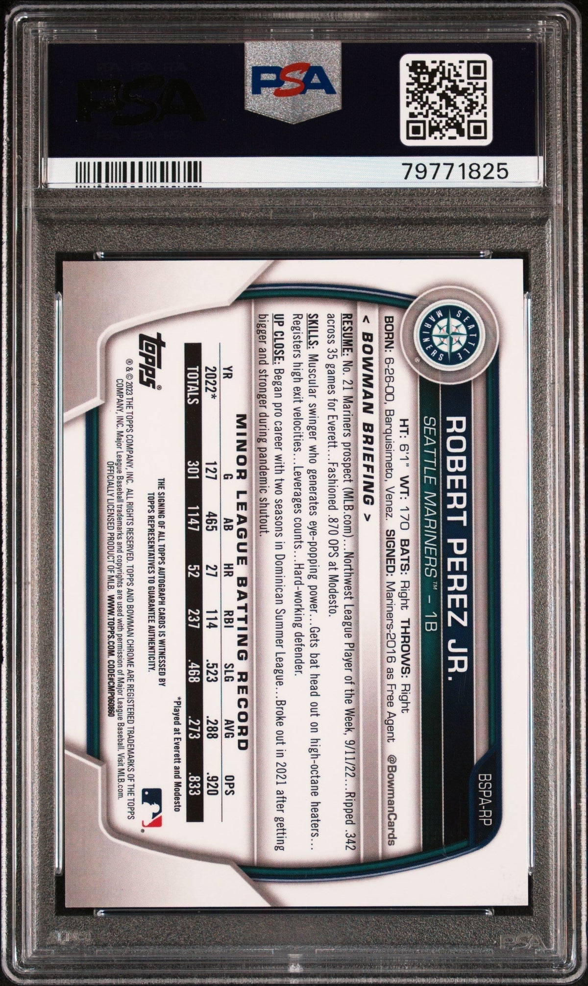 2023 Bowman Sapphire Edition Chrome  Auto Robert Perez JR. #BSPARP  1/1 PSA