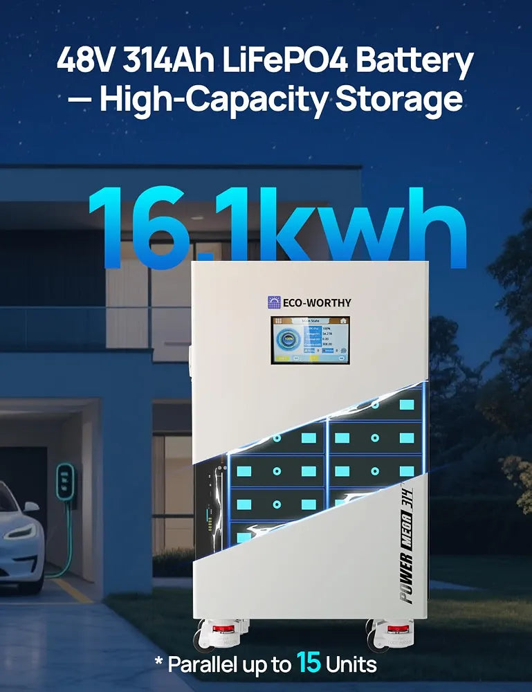 ECO-WORTHY Powermega 48V 314Ah LiFePO4 Energy Storage System with Liber 10KP 10kW Hybrid Inverter, Active Balancing BMS, Battery Built-in Bluetooth&WiFi, Communication for Home Backup, Off-Grid
