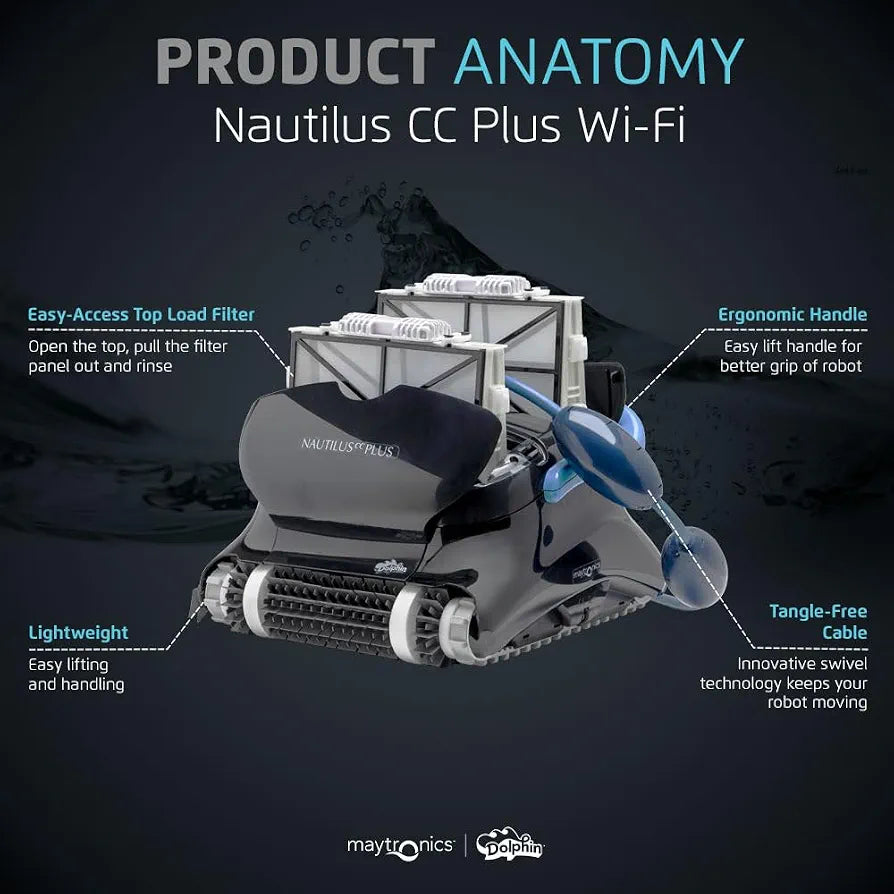 Dolphin Automatic Robotic Pool Vacuum Cleaner, Wall Climbing Scrubber Brush, Smart Navigation, Ideal for In-Ground Pools up to 40FT in Length - Nautilus CC Plus
