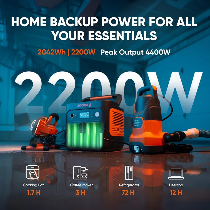Jackery Explorer 2000 v2 and 102W Fast Charger, 2042Wh, 2200W AC Output