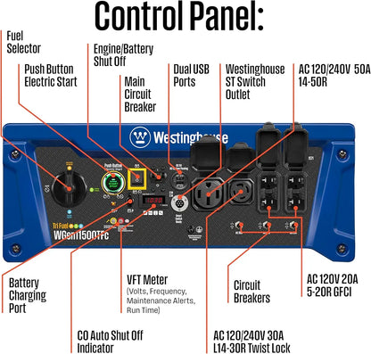 Westinghouse 14500 Peak Watt Tri-Fuel Home Backup Portable Generator, Remote Electric Start, Transfer Switch Ready, Gas, Propane, and Natural Gas Powered