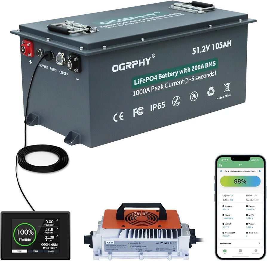 OGRPHY 48V Lithium Golf Cart Battery, 200A BMS, with Touch Monitor & Mobile APP, 4000+ Cycles 48V Lithium Battery with 18A Charger, Perfect for Golf Carts, Solar