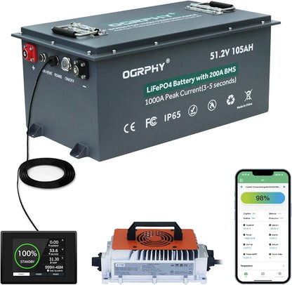 OGRPHY 48V Lithium Golf Cart Battery, 200A BMS, with Touch Monitor & Mobile APP, 4000+ Cycles 48V Lithium Battery with 18A Charger, Perfect for Golf Carts, Solar