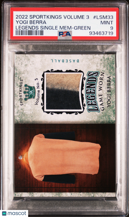 2022 Sportkings 3 Legends Single Memorabilia Yogi Berra #LSM33 Green PSA 9