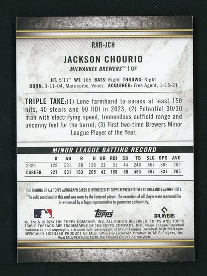 2024 Topps Triple Threads RAR-JCH Jackson Chourio Rookie /45 Milwaukee Brewers Auto